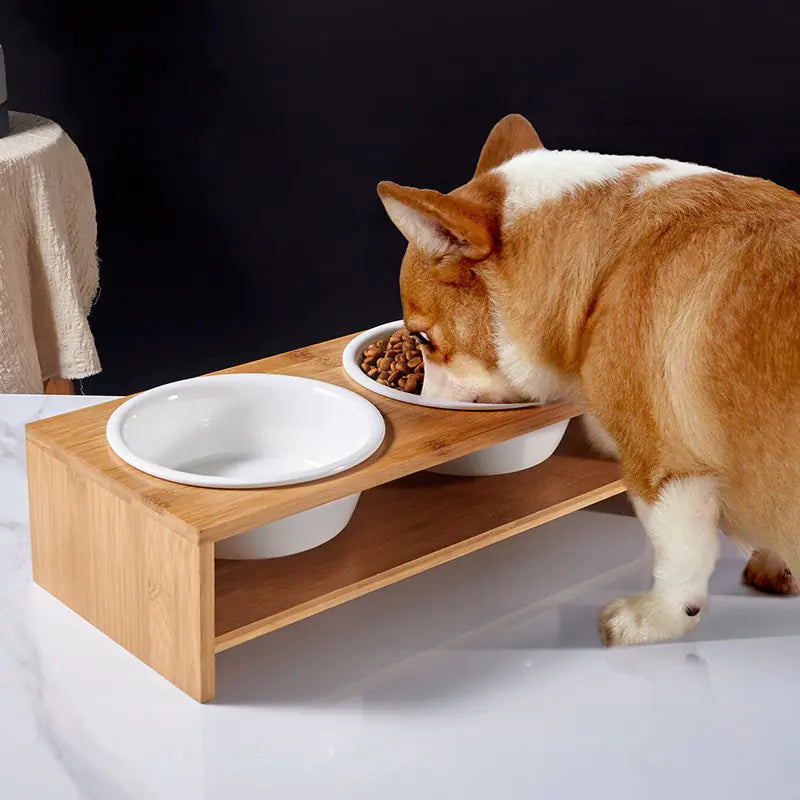Large Dog Ceramic Bowl with Bamboo Stand and Neck Guard
