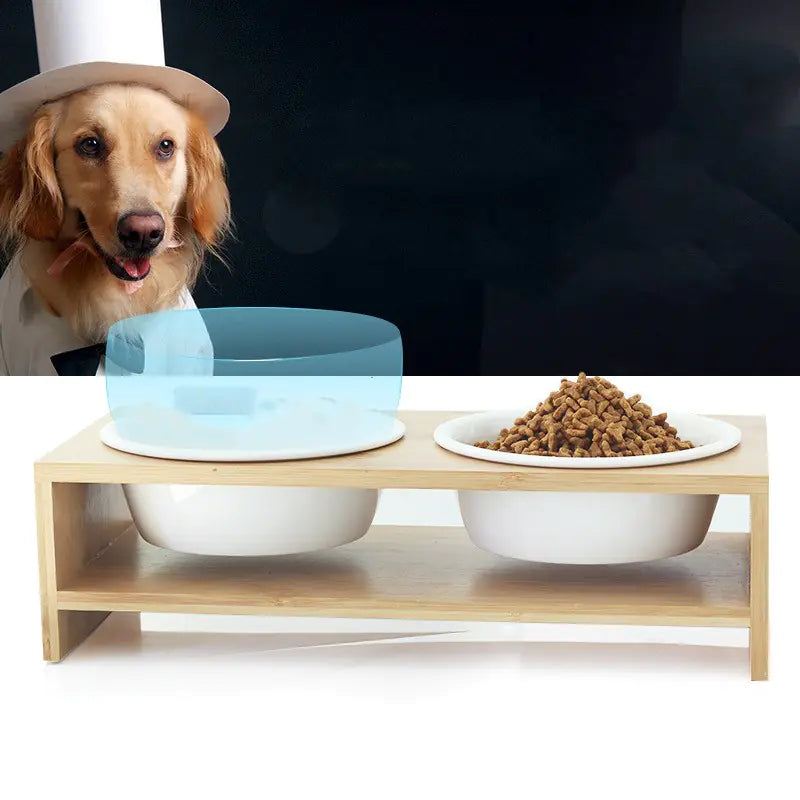 Large Dog Ceramic Bowl with Bamboo Stand and Neck Guard