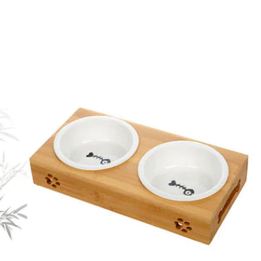 Bamboo and Ceramic Pet Bowl Set with Stainless Steel Base